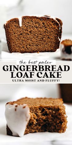 the best palen gingerbread loaf cake with white frosting on top is cut in half