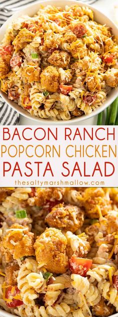 bacon ranch popcorn chicken pasta in a white bowl