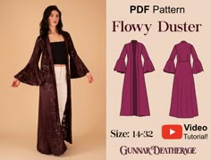 "**THIS PRODUCT IS A PDF FILE THAT WILL BE DOWNLOADED FROM YOUR ETSY ACCOUNT UNDER PURCHASES AND REVIEWS. YOU'LL RECEIVE AN EMAIL CONFIRMING YOUR PURCHASE.** Please read the full description before purchasing. DESCRIPTION: The Daydream Duster is sure to be a spring through fall staple. It features a flouncy sleeve, and hidden pocket in the side seam. The silhouette is fitted around the chest, and flares out towards the bottom for a bit of drama. DIFFICULTY LEVEL: Beginner Friendly FABRIC SUGGESTIONS: Gunnar suggests light weight knits , and stretch lace fabrics. Fabric that has a 2 way stretch or 4 way stretch would be ideal. Choosing fabrics is one of the most exciting parts of making your own clothing, so have fun with your fabric choices! SIZE RANGE INCLUDED IN THIS FILE: 00-16 The Size Duster Sewing Pattern, Boho Sewing Patterns, Long Bridal Robe, Duster Kimono, Stretch Lace Fabric, Choosing Fabric, Bridal Robe, Couture Mode, Diy Sewing Clothes