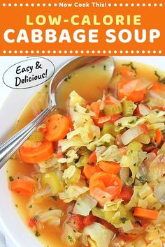 a bowl of cabbage soup with carrots and celery in it on a white plate