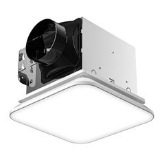 a white ceiling mounted exhaust fan on the side of a light fixture with an open ventilator