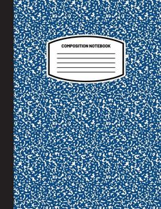 the composition notebook is blue with white sprinkles and has a black border