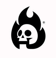 a black and white logo with a skull on it's head in the shape of a flame