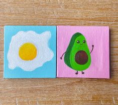 an egg and avocado are painted on canvases, each with different colors