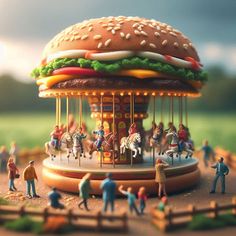 miniature people standing around a toy carousel with a hamburger on it's top,