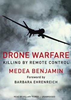 a book cover with an airplane flying in the sky and clouds behind it that reads, drone warfare killing by remote control media benjamin