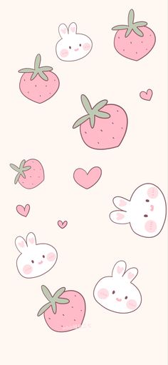 an image of some cute animals and strawberries on a pink background with the words love written