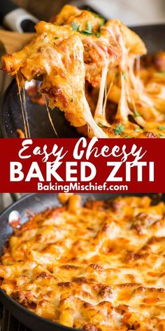 easy cheesy baked ziti in a cast iron skillet with text overlay