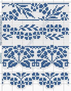 a cross stitch pattern with blue and white designs on the bottom, in different sizes