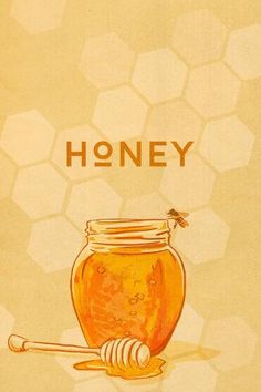 a honey jar with a wooden spoon next to it and the word honey on top