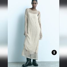 Zara Wool And Alpaca Blend Fabric. Round Neck And Long Sleeves. Ripped Details And Under Slip Dress. Wool Slip Dress, Turtleneck Boho Dress, Loose Knitted Dress, Classy Loungewear, Elegant Style Dress, Strappy Maxi Dress, Zara Knit, Maxi Slip Dress, Stretchy Dress