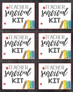 four teacher's survival kit labels with the words teacher, school supplies and books