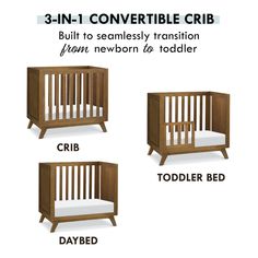 three baby cribs are shown with the names in english and spanish, but to seamlessly transition from newborn to toddler