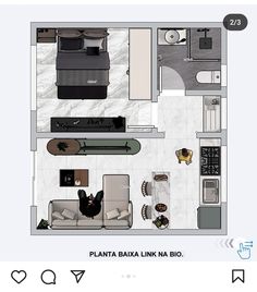 a floor plan for a small apartment with furniture and decor on the top level,