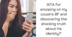 a woman looking at her cell phone with the caption ata for shopping on my couch's bf and discovering the shocking truth about his identity?