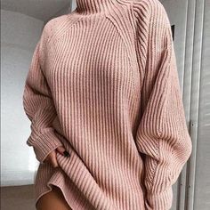 Pink Oversized Sweater Dress. Chunky Knit Sweater Dress, Long Sleeve Turtleneck Dress, Sweater Dress Casual, Loose Tunic, Pull Oversize, Solid Sweaters, Plain Dress, Grey Outfit, Womens Turtleneck