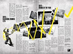 an advertisement for the brand of the year is shown in yellow and black with images of people