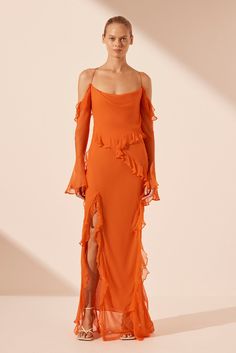 LAYLA LONG SLEEVE RUFFLE MAXI DRESS | FLAME ORANGE | DRESSES | SHONA JOY Long Sleeve Orange Dress, Off The Shoulder Long Sleeve Dress, Wedding Guest Dress With Sleeves, Long Orange Dress, Orange Party Dress, Orange Party Dresses, Long Sleeve Wedding Guest Dresses, Long Ruffle Dress, Flaming June