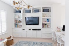 a living room filled with furniture and a flat screen tv on top of a wall