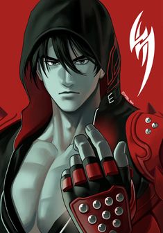 an anime character with red gloves and black hair, holding his hand up to the camera