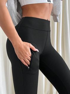 Women High Waist Solid Color Zipper Design Skinny Leggings Black Casual   Polyester Plain Regular High Stretch  Women Clothing, size features are:Bust: ,Length: ,Sleeve Length: Hem Leggings, Women's Nightgowns, Inspiration Mode, Sports Leggings, High Waisted Pants, Black Leggings, Sports Women, Women's Leggings, All Fashion