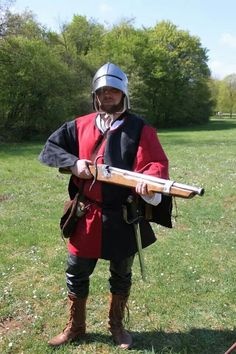 The arquebus was used against enemies who were often partially or fully protected by steel-plate armor. Good suits of plate would usually stop an arquebus ball at long range. It was a common practice to "proof" (test) armor by firing a pistol or arquebus at a new breastplate. However, at close range, it was possible to pierce even heavy cavalry armor. This led to changes in armor usage, such as the three-quarter plate, and finally the retirement of plate armor from most types of infantry. Heavy Cavalry, Plate Armor, About France, Historical Armor, Ancient Warfare, Wars Of The Roses, Historical Reenactment