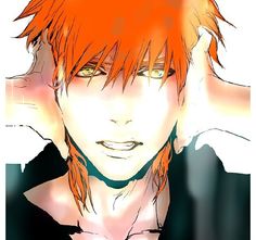 an anime character with red hair and orange eyes