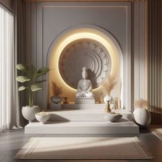 a buddha statue sitting in the middle of a room