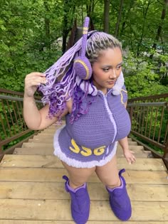 One Piece Egghead Island cosplay One Piece Egghead Outfits, Egghead One Piece, Egghead Outfit, Crochet Cosplay, One Piece Egghead, One Piece Crochet, Purple Box Braids, Outfit References, Island Outfit