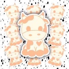 an orange and white cow sticker surrounded by smaller brown cows on a speckled background