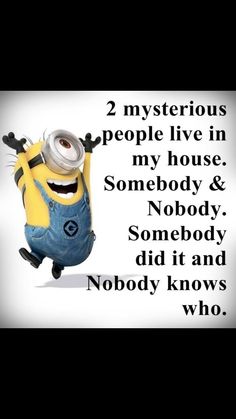 a minion with the words two mysterious people live in my house, somebody & nobody, somebody did it and nobody knows who