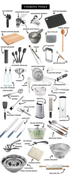 an image of kitchen utensils that are labeled in the words cooking tools and their names