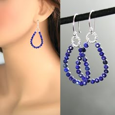 Dainty, genuine Lapis Lazuli dangle drop hoop earrings featuring tiny, finely cut, faceted semi-precious stones. Simple and lightweight. More details : - ALL .925 Sterling Silver - wire, links, French hooks - Micro-faceted, tiny Lapis Lazuli semi-precious stones, approx. 3mm - The earrings are approx. 1 3/4" (45mm) in total length More HOOP earrings, in my shop: https://www.etsy.com/shop/DorotaJewelry?ref=seller-platform-mcnav§ion_id=28150357 More Lapis Lazuli Blue jewelry in my shop, including matching necklace: https://www.etsy.com/shop/DorotaJewelry?ref=seller-platform-mcnav&search_query=lapis --- Please, keep in mind that the jewelry in the photographs looks larger than it does in person. I post close up pictures to show the details in the jewelry. --- All of the designs in my shop are French Hook Earrings, Handmade Wire Jewelry, Homemade Jewelry, Earrings Simple, Blue Jewelry, Matching Necklaces, Drop Necklace, Simple Jewelry, Blue Earrings