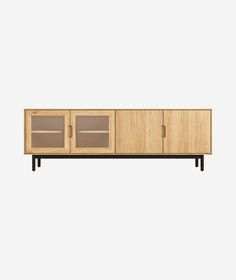 the sideboard is made from wood and has two doors on each side, one door open