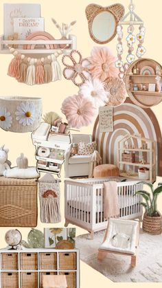 a collage of baby items including cribs, dressers and other accessories