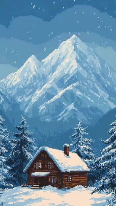 a snowy mountain scene with a cabin in the foreground