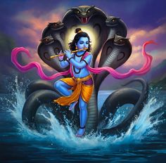 there is a painting on the wall of a hindu god in the water with a snake