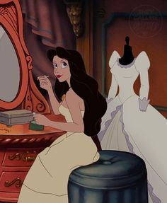 disney princess looking at herself in front of a mirror and dress on a mannequin