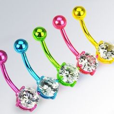 six different colored jeweled belly button navel barbells with balls on them