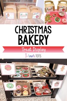 christmas bakery treats displayed in front of an oven with the words, christmas bakery treat display