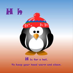 a penguin wearing a red hat with the letter h on it's face and its name