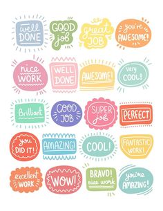 colorful hand drawn speech bubbles with the words we'll do work and some other phrases