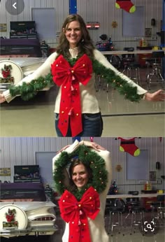 two pictures of a woman wearing a christmas sweater and holding a wreath over her shoulder