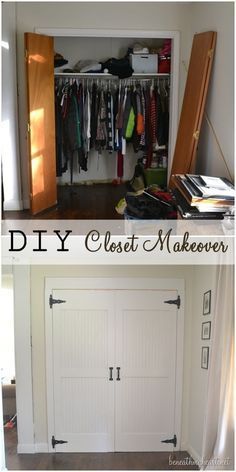 the before and after pictures of an organized closet with doors, shelves, and drawers