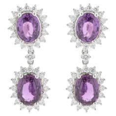 Designer: custom Material: 18K white gold Sapphire: 4 oval cut = 7.33cttw Diamond: 66 round brilliant & fancy cut = 1.15cttw Color: G Clarity: VS2 Dimensions: earrings measure 30mm Weight: 10.51 grams White Gold Sapphire, Purple Sapphire, Girl Jewelry, Amethyst Jewelry, Sapphire Jewelry, Fashion Fits, Sapphire Diamond, Halo Diamond, Diamond White