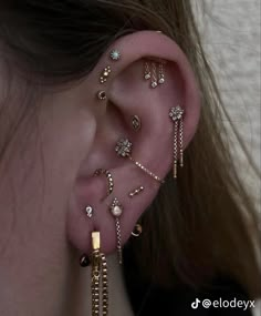 the ear is adorned with many different types of jewelry