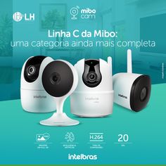 three cameras sitting next to each other in front of a blue and green background with the words linha c da mibo