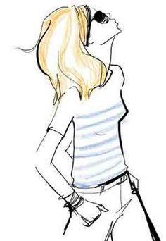 a drawing of a woman in white shirt and jeans with handbag on her hip