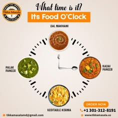 an advertisement for a restaurant called it's food o'clock with different dishes