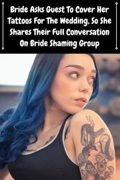 a woman with blue hair and tattoos on her arm is looking off to the side